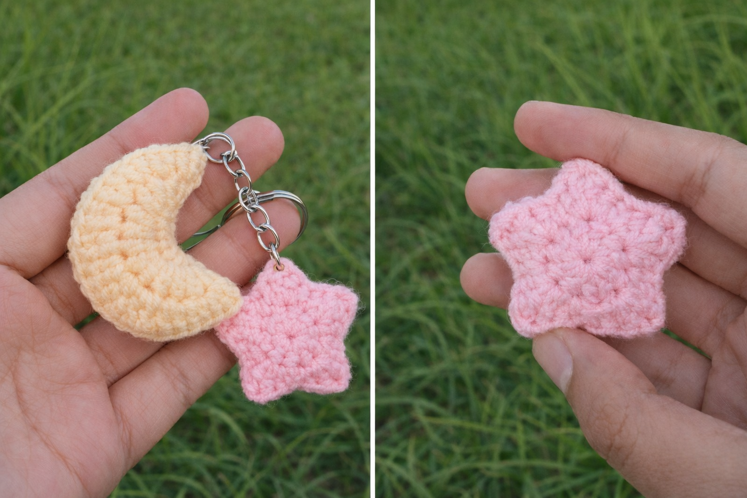 Handmade crochet moon and star keychain